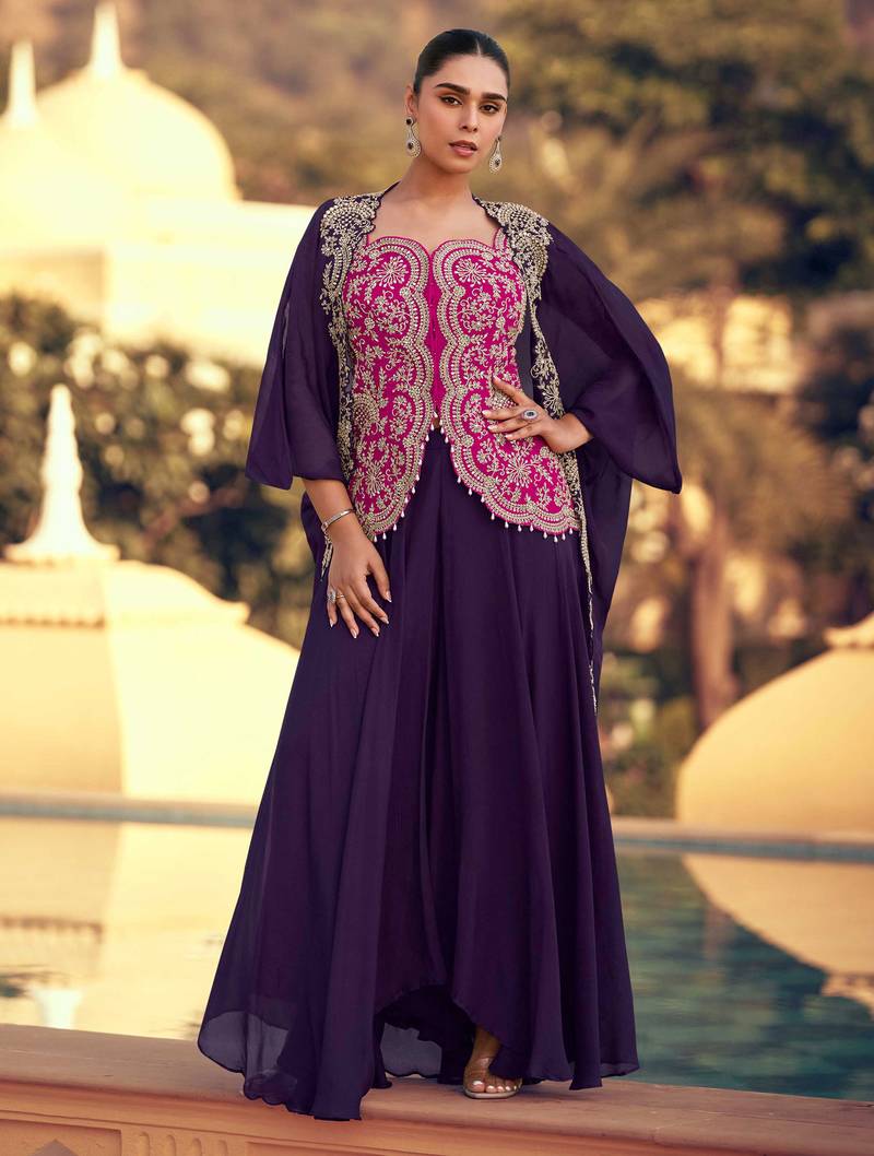 Pink embroidery & sequins work chinnon silk long blouse palazzo suit -  free size stitching (size upto 42")