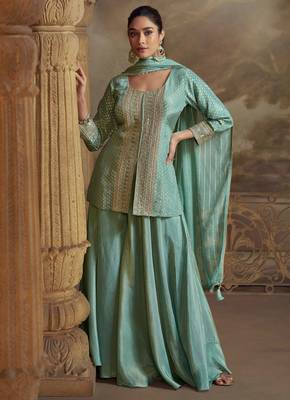 Sea green embroidery mirror stone & sequins viscos straight kurta palazzo suit - free size(size upto 42") 1