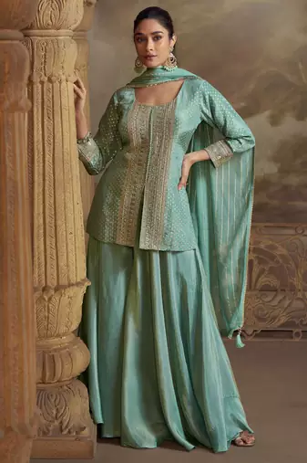 Sea green embroidery, mirror stone & sequins viscos straight kurta palazzo suit -  free size stitching (size upto 42")