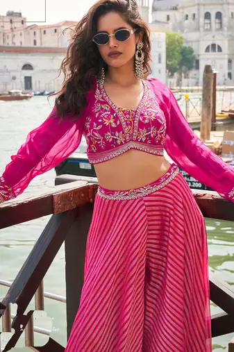 Rani pink embroidery hand& sequins work viscos jacquard silk blouse palazzo suit - free size(size upto 42")