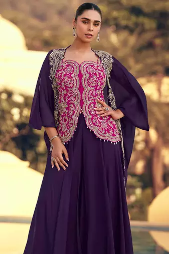 Pink embroidery & sequins work chinnon silk long blouse palazzo suit - free size(size upto 42")