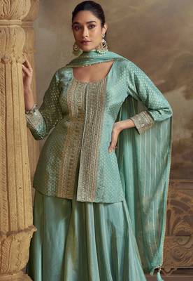 Sea green embroidery mirror stone & sequins viscos straight kurta palazzo suit - free size(size upto 42") 2
