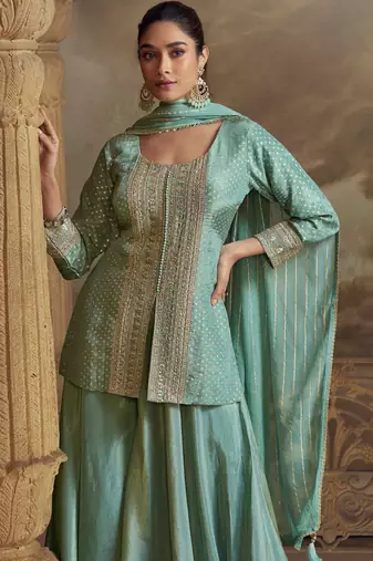 Sea green embroidery mirror stone & sequins viscos straight kurta palazzo suit - free size(size upto 42")