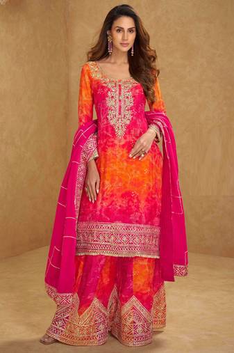 Orange & pink embroidery, mirror,gota work,chinnon silk straight sharara suit-free size stitching (size upto 42")