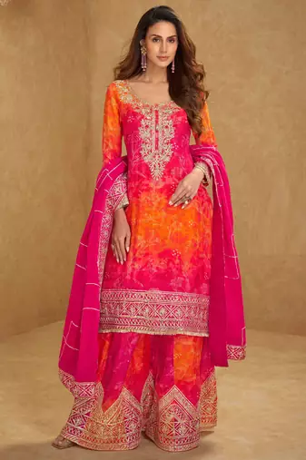 Orange & pink embroidery, mirror,gota work,chinnon silk straight sharara suit-free size stitching (size upto 42")