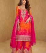 Orange & pink embroidery, mirror,gota work,chinnon silk straight sharara suit-free size stitching (size upto 42")
