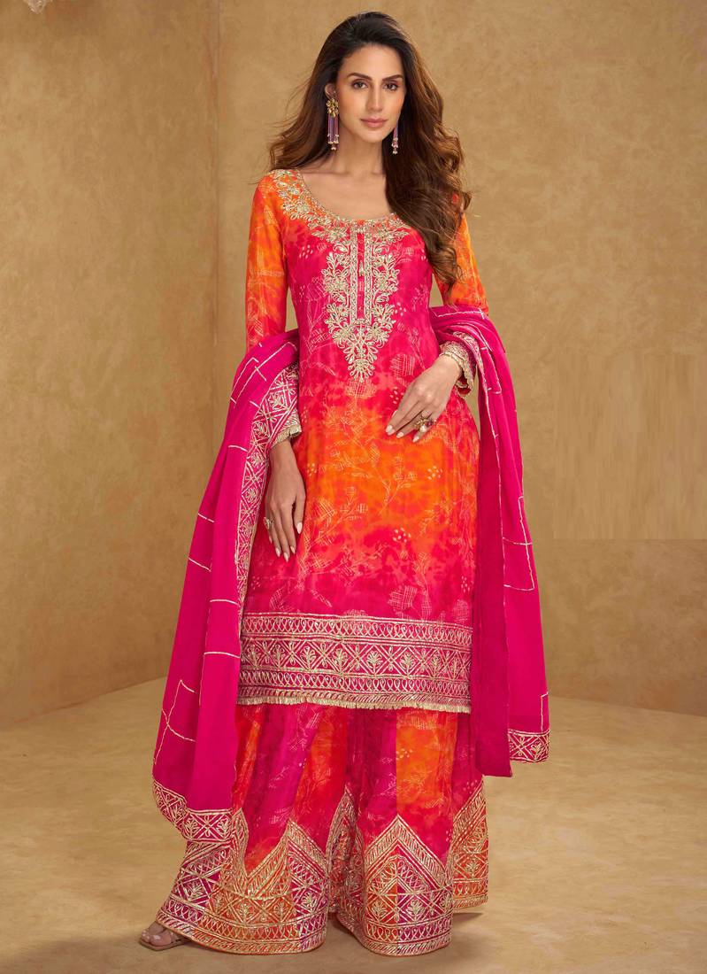 Orange & pink embroidery, mirror,gota work,chinnon silk straight sharara suit-free size stitching (size upto 42")