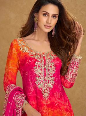 Orange & pink embroidery, mirror,gota work,chinnon silk straight sharara suit-free size stitching (size upto 42") 2
