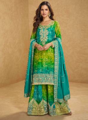 Lime green & blue embroidery mirror gota workchinnon silk straight sharara suit- free size(size upto 42") 1