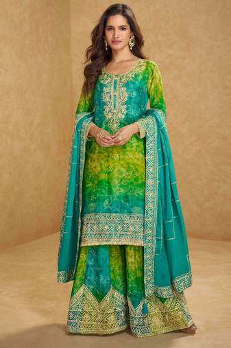 Lime green & blue  embroidery, mirror, gota work,chinnon silk straight sharara suit- free size stitching (size upto 42")