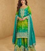 Lime green & blue embroidery mirror gota workchinnon silk straight sharara suit- free size(size upto 42")