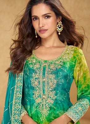 Lime green & blue embroidery mirror gota workchinnon silk straight sharara suit- free size(size upto 42") 2