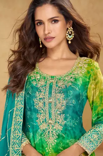 Lime green & blue embroidery mirror gota workchinnon silk straight sharara suit- free size(size upto 42")
