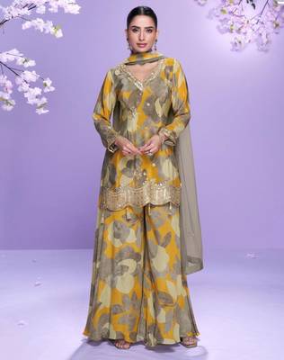 Mustard embroidered, mirror work & printed chinnon straight palazzo suit -  free size stitching (size upto 42") 1