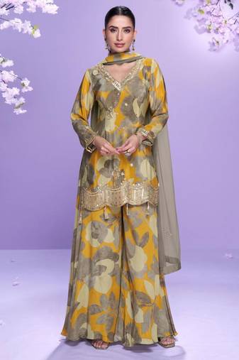Mustard embroidered, mirror work & printed chinnon straight palazzo suit -  free size stitching (size upto 42")
