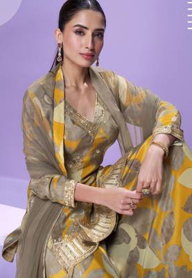 Mustard embroidered, mirror work & printed chinnon straight palazzo suit -  free size stitching (size upto 42") 2