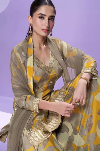 Mustard embroidered, mirror work & printed chinnon straight palazzo suit -  free size stitching (size upto 42")