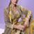 Mustard embroidered, mirror work & printed chinnon straight palazzo suit -  free size stitching (size upto 42")
