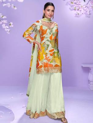 Off white hand work embroidered mirror work & printed chinnon straight palazzo suit-free size(size upto 42") 1