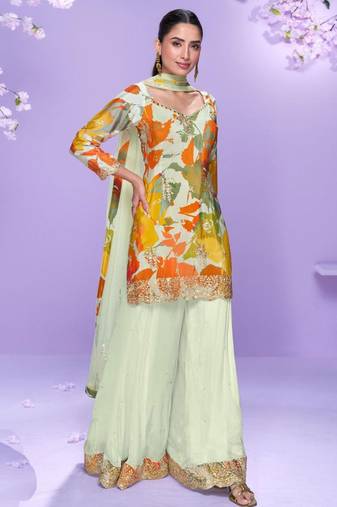 Off white hand work embroidered, mirror work & printed chinnon straight palazzo suit-free size stitching (size upto 42")