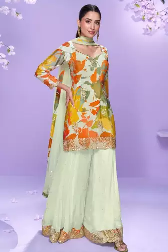 Off white hand work embroidered mirror work & printed chinnon straight palazzo suit-free size(size upto 42")