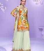 Off white hand work embroidered mirror work & printed chinnon straight palazzo suit-free size(size upto 42")
