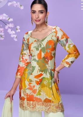 Off white hand work embroidered mirror work & printed chinnon straight palazzo suit-free size(size upto 42") 2