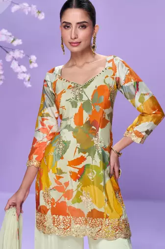 Off white hand work embroidered mirror work & printed chinnon straight palazzo suit-free size(size upto 42")