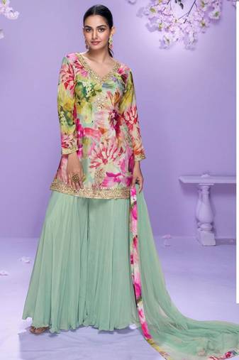 Multicolorembroidered, mirror work & printed chinnon straight palazzo suit-free size stitching (size upto 42")