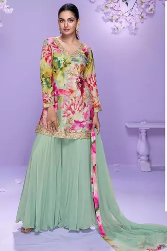 Multicolorembroidered mirror work & printed chinnon straight palazzo suit-free size(size upto 42")