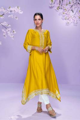 Mustard embroidered,mirror,& sequins & printed silk a-line high low kurti pant suit-free size stitching (size upto 42") 1