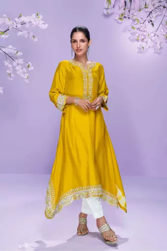 Mustard embroidered,mirror,& sequins & printed silk a-line high low kurti pant suit-free size stitching (size upto 42")