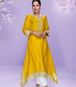 Mustard embroidered,mirror,& sequins & printed silk a-line high low kurti pant suit-free size stitching (size upto 42")