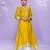 Mustard embroidered,mirror,& sequins & printed silk a-line high low kurti pant suit-free size stitching (size upto 42")