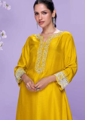 Mustard embroidered,mirror,& sequins & printed silk a-line high low kurti pant suit-free size stitching (size upto 42") 2