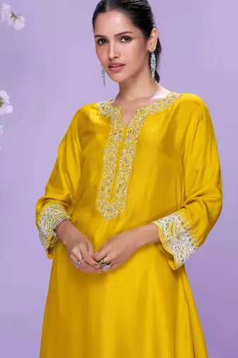 Mustard embroidered,mirror,& sequins & printed silk a-line high low kurti pant suit-free size stitching (size upto 42")