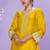 Mustard embroidered,mirror,& sequins & printed silk a-line high low kurti pant suit-free size stitching (size upto 42")