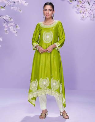 Lime green embroidered,mirror,sequins,printed silk a-line high low kurti pant suit-free size stitching (size upto 42") 1