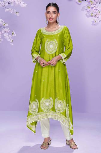 Lime green embroidered,mirror,sequins,printed silk a-line high low kurti pant suit-free size stitching (size upto 42")