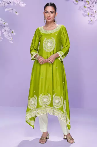 Lime green embroidered,mirror,sequins,printed silk a-line high low kurti pant suit-free size stitching (size upto 42")