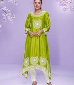Lime green embroidered,mirror,sequins,printed silk a-line high low kurti pant suit-free size stitching (size upto 42")