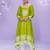 Lime green embroidered,mirror,sequins,printed silk a-line high low kurti pant suit-free size stitching (size upto 42")