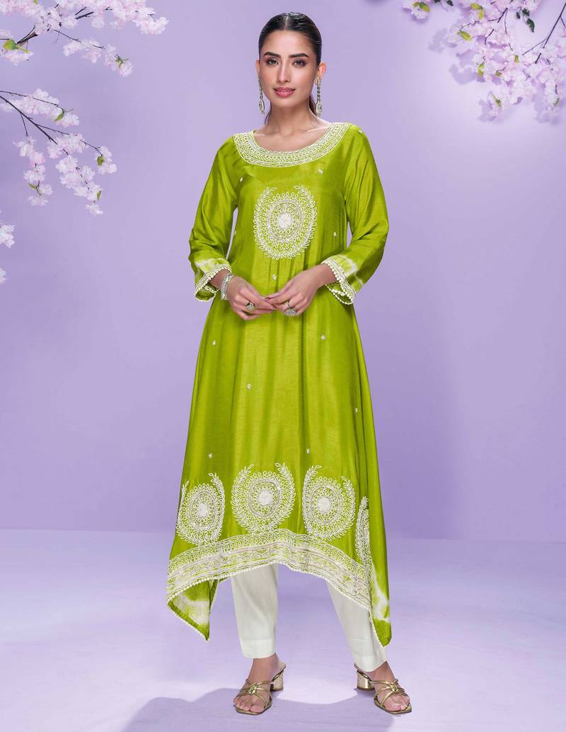 Lime green embroidered,mirror,sequins,printed silk a-line high low kurti pant suit-free size stitching (size upto 42")
