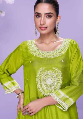 Lime green embroidered,mirror,sequins,printed silk a-line high low kurti pant suit-free size stitching (size upto 42") 2