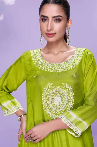 Lime green embroidered,mirror,sequins,printed silk a-line high low kurti pant suit-free size stitching (size upto 42")