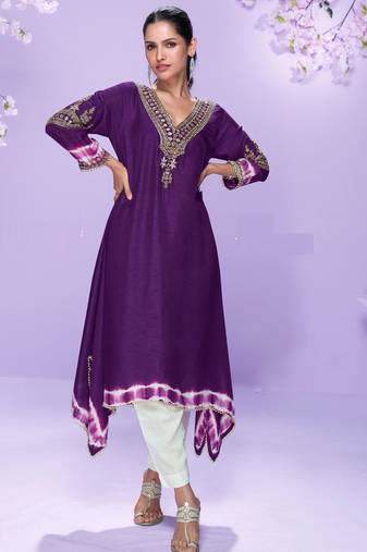 Purple embroidered,mirror, sequins,printed silk a-line high low kurti pant suit-free size stitching (size upto 42")