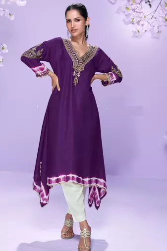 Purple embroidered,mirror, sequins,printed silk a-line high low kurti pant suit-free size stitching (size upto 42")