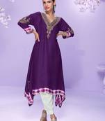 Purple embroidered,mirror, sequins,printed silk a-line high low kurti pant suit-free size stitching (size upto 42")