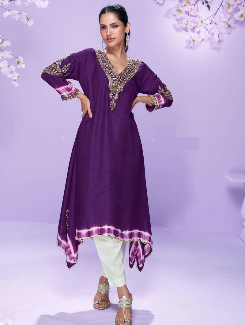 Purple embroidered,mirror, sequins,printed silk a-line high low kurti pant suit-free size stitching (size upto 42")