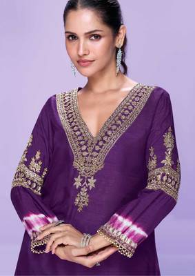 Purple embroidered,mirror, sequins,printed silk a-line high low kurti pant suit-free size stitching (size upto 42") 2